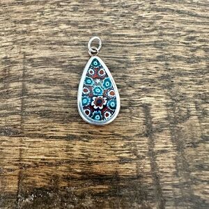 Millefiori Glass Tear Drop Set in a Sterling Silver Frame Pendant